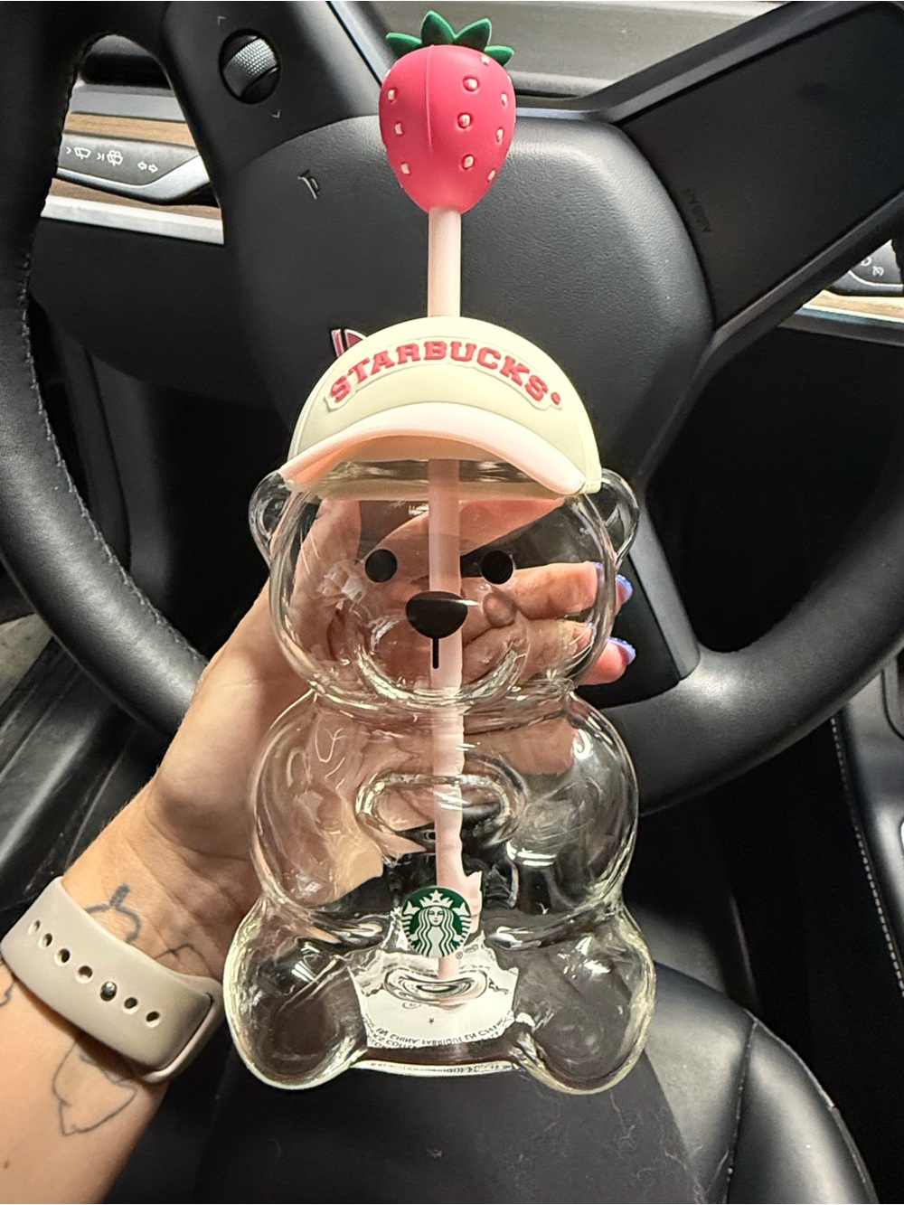 Starbucks Clear Bear Cup with Pink Straw and Strawberry Topper